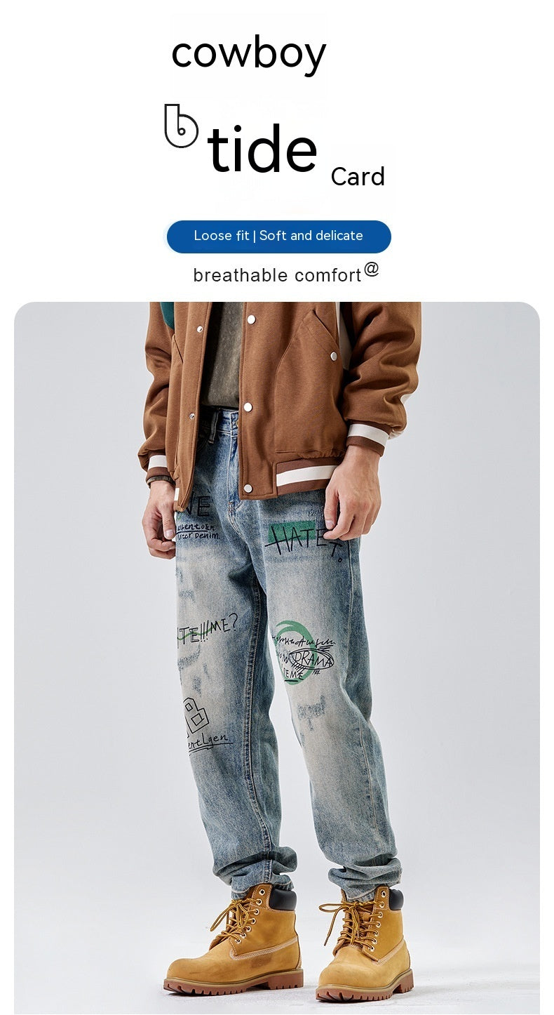 American Print Denim Casual Loose Straight Dad Trousers For Men