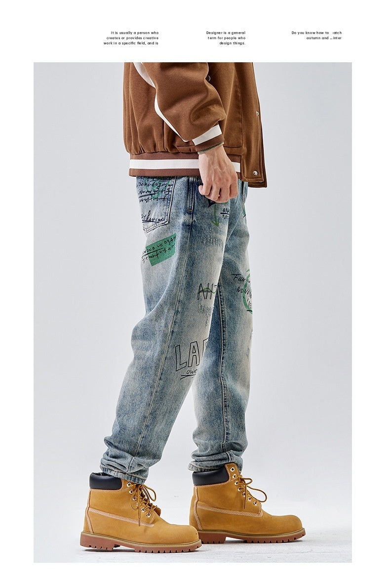 American Print Denim Casual Loose Straight Dad Trousers For Men