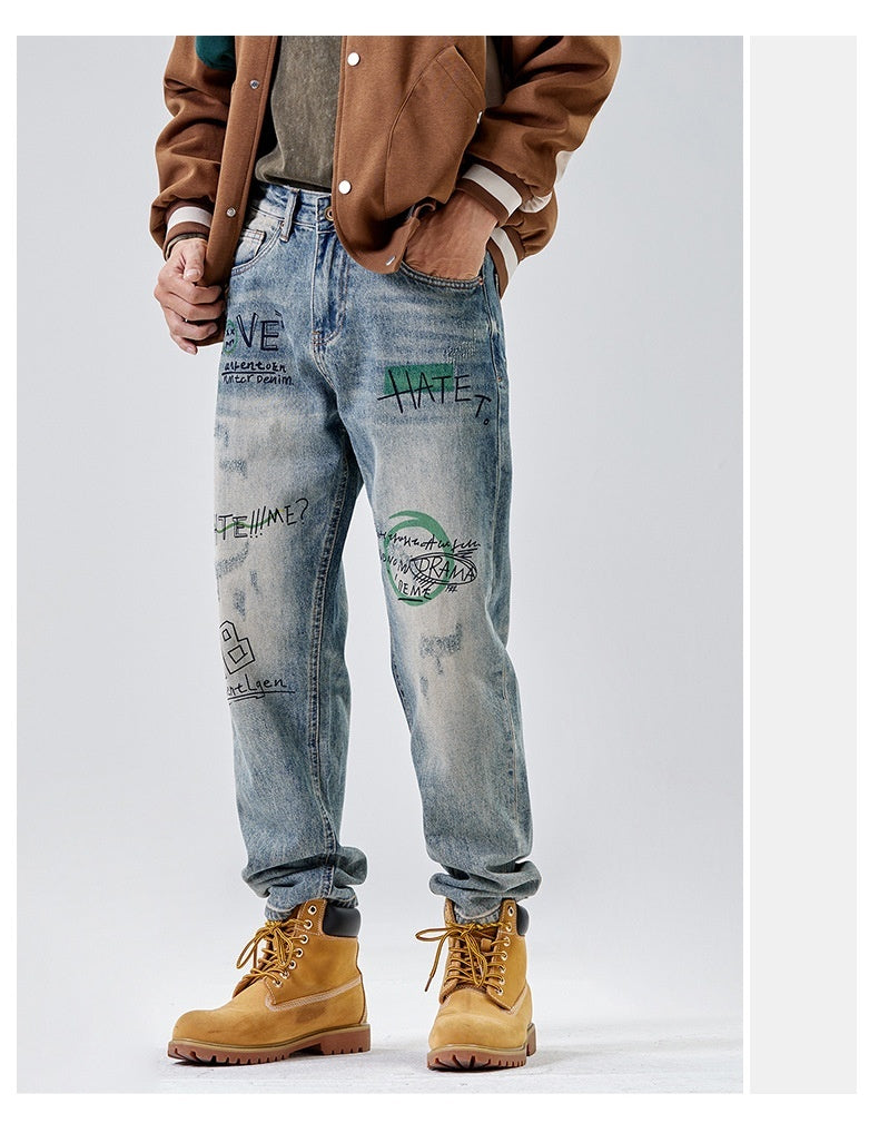 American Print Denim Casual Loose Straight Dad Trousers For Men