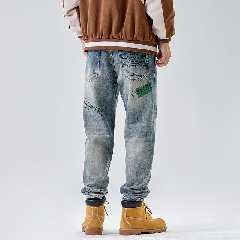 American Print Denim Casual Loose Straight Dad Trousers For Men