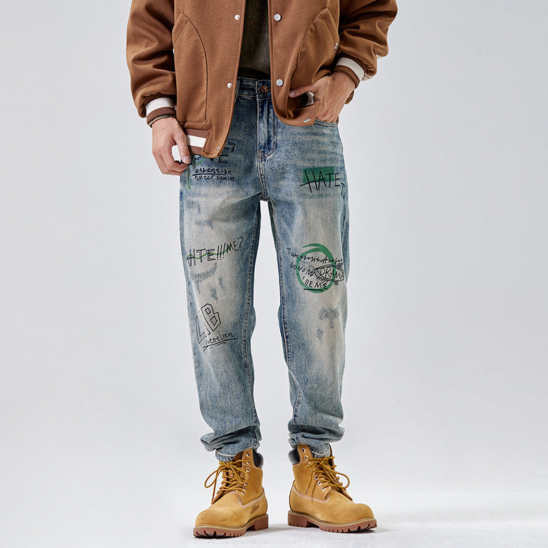 American Print Denim Casual Loose Straight Dad Trousers For Men