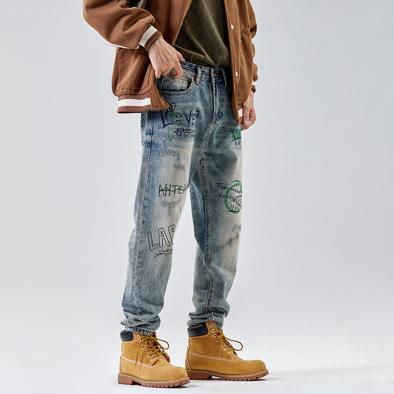 American Print Denim Casual Loose Straight Dad Trousers For Men